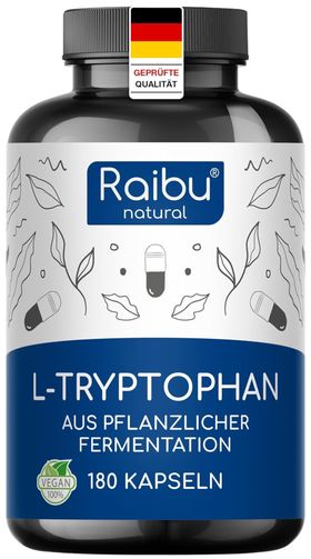 L-Tryptophan Kapseln Hochdosiert - 500 mg je Kapsel, Mit Melatonin & Vitamin B6 - RAIBU