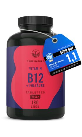 TRUE NATURE® Vitamin B12 hochdosiert 1000µg + Folsäure (Quatrefolic®) Testsieger - 6 Monate Vorrat