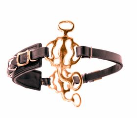 AMKA Hackamore Barock, mit 3 Ringen, Nasenriemen Leder braun, Anzüge goldfarben