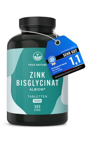 TRUE NATURE® Zink Bisglycinat Tabletten Testsieger (Premium Markenrohstoff Albion®), 1 Jahr Vorrat