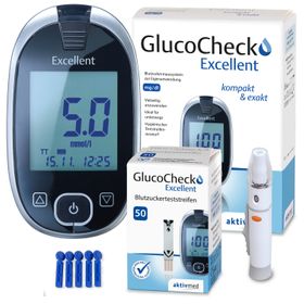 GlucoCheck Excellent Mess-Set (mmol/L) zur Blutzuckerkontrolle mit 60 Streifen