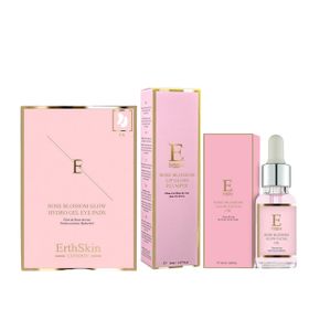 ErthSkin London Rose Blossom Glow Gesichtsöl + Hydro-Gel Augenpads + Rose Blossom Lip Gloss Plumper