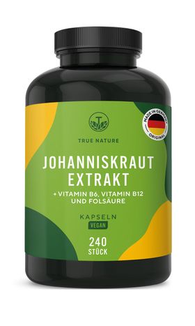 Johanniskraut Extrakt Kapseln mit Hypericin & B6, B9, B12 - 500mg - 8 Monate Vorrat - TRUE NATURE®