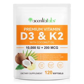 Acentiallabs Vitamin D3 + K2 mit 10,000 IE + 200 mcg K2 (MK7) Premium Softgels Softgels