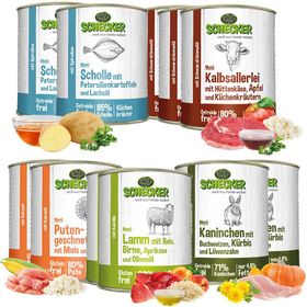 Schecker Nassfutter - Hundemenü Auswahl - Kalb - Kaninchen - Lamm - Pute und Fisch