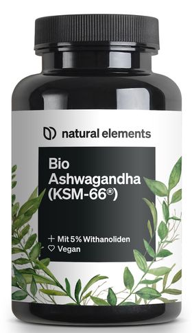 natural elements Bio-Ashwagandha – KSM-66® Premiumrohstoff – 5% Withanolid-Gehalt – hochdosiert
