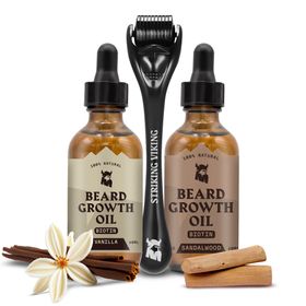 Striking Viking Sandelholz & Vanille Bartwuchsöl 2er-Pack + Derma-Roller Set