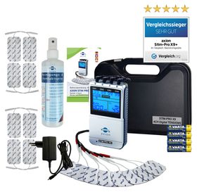 axion® 4-Kanal TENS Gerät und EMS Gerät  STIM-PRO X9+ zur Schmerztherapie mit Spray und Zubehör