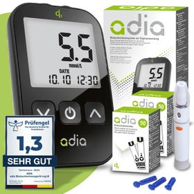 adia Diabetes-Set: Blutzuckermessgerät (mmol/L) mit 110 Blutzuckerteststreifen