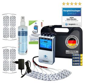 axion® 4-Kanal TENS Gerät und EMS Gerät  STIM-PRO X9+ zur Schmerztherapie mit Spray und Zubehör