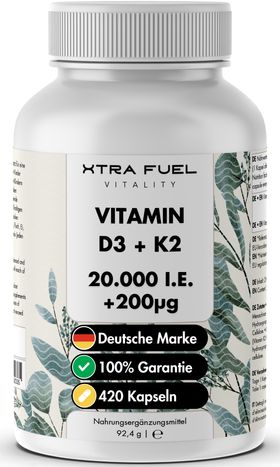 XTRA FUEL Vitamin D3 + K2 Kapseln: hochdosierte 20.000 I.E. + 200mcg MK-7