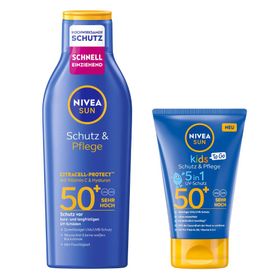 NIVEA SUN Schutz & Pflege Family Set – Sonnenmilch LSF 50 200 ml + Kids 50 ml – AKTION