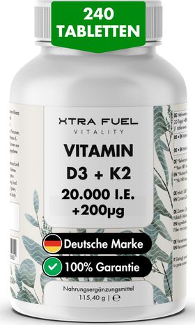 XTRA FUEL Vitamin D3 + K2 Tabletten: 20.000 I.E. + 200mcg MK-7 all-trans