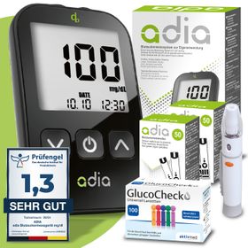 adia Blutzuckermessgerät (mg/dl) Set + 110 Blutzuckerteststreifen + 110 Lanzetten