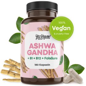 Ashwagandha Kapseln (180 Stück) hochdosiert mit Ashwagandha hochdosiert, Vitamin B12 B1 B9