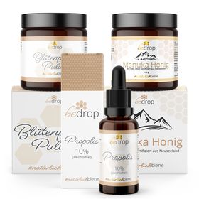 bedrop Bee’s Kindheitsset | Blütenpollenpulver, Propolis Tinktur alkoholfrei 10% und Manuka Honig