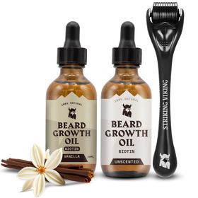 Striking Viking Vanille & Duftfreies Bartwuchsöl + Derma-Roller Set