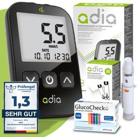 adia Blutzuckerteststreifen (60 Stück) mit Messgerät (mmol/L) und 110 Lanzetten als Komplett-Set