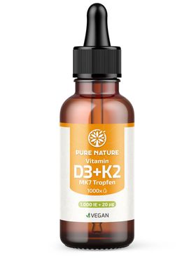 Pure Nature 1000 IE Vitamin D3 K2 Tropfen, Bio-Kokus-MCT C8 Öl >99,8% All Trans