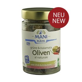 MANI - Bio Grüne & Kalamata Oliven al naturale mit Chili