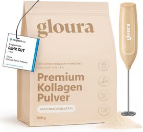 Gloura® Premium Kollagen Hydrolysat Pulver (Typ 1 & 3) - 500g (1er Pack) + Getränkemixer