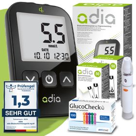 adia Blutzuckermessgerät (mmol/L) Set + 110 Blutzuckerteststreifen + 110 Lanzetten