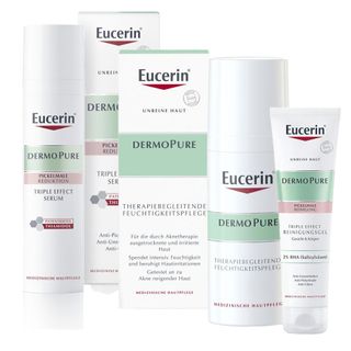 Eucerin DermoPure Triple Effect Reinigungsgel + Eucerin® Dermopure Triple Effect Serum  + Eucerin® DermoPure Therapiebegleitende Feuchtigkeitspflege