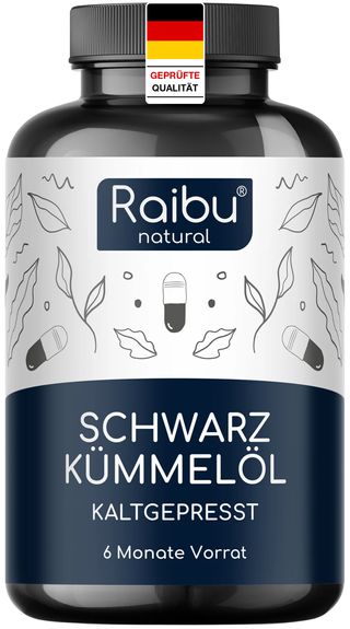 Schwarzkümmelöl Kapseln 1000 mg – kaltgepresst aus Nigella sativa – 1 Kapsel täglich – RAIBU