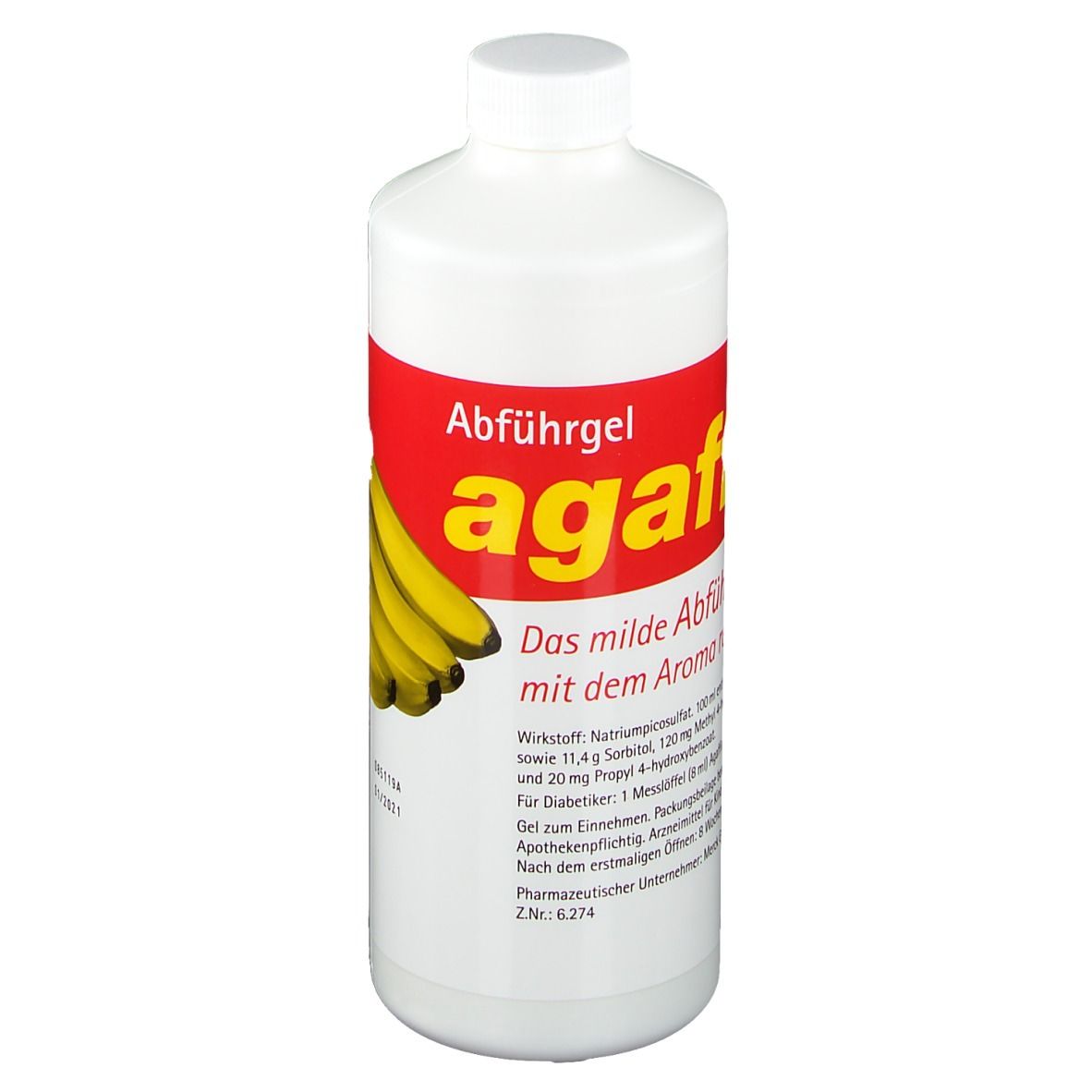 Weiße Flasche mit rotem Etikett. Aufschrift: agaffin Abführgel. Bananen-Abbildung. Text über Inhaltsstoffe.
