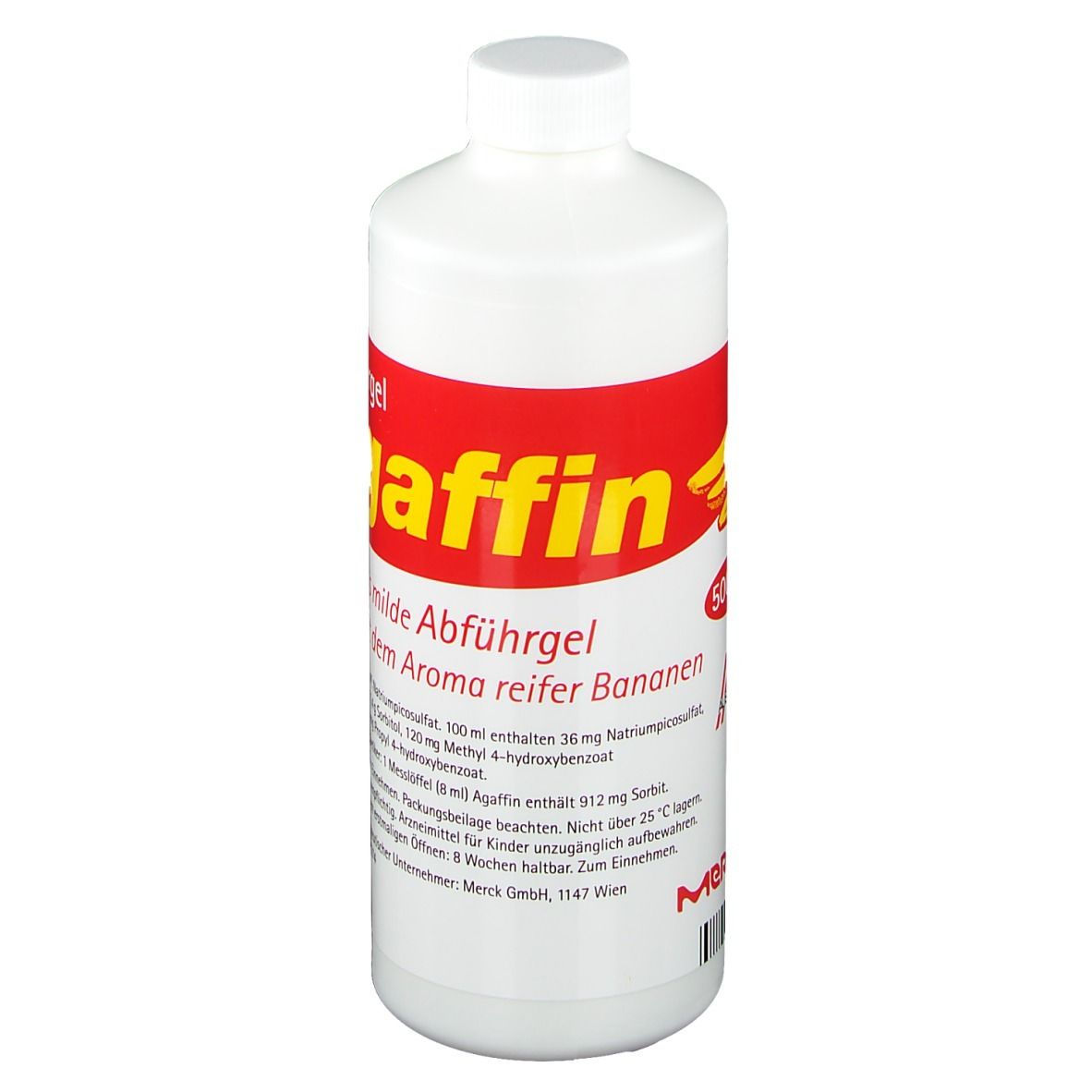 Weiße Flasche mit rotem Etikett. Aufschrift: agaffin Abführgel. Bananen-Abbildung. Text über Inhaltsstoffe.