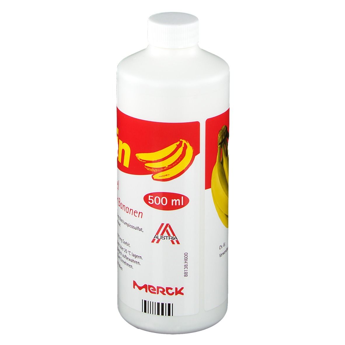 Weiße Flasche mit rotem Etikett. Aufschrift: agaffin Abführgel. Bananen-Abbildung. Volumen: 500 ml.