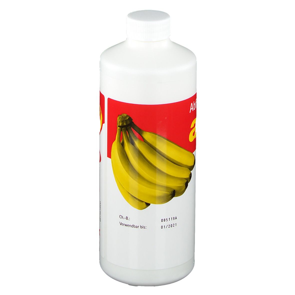 Weiße Flasche mit rotem Etikett. Aufschrift: agaffin Abführgel. Bananen-Abbildung. Haltbarkeitsdatum.