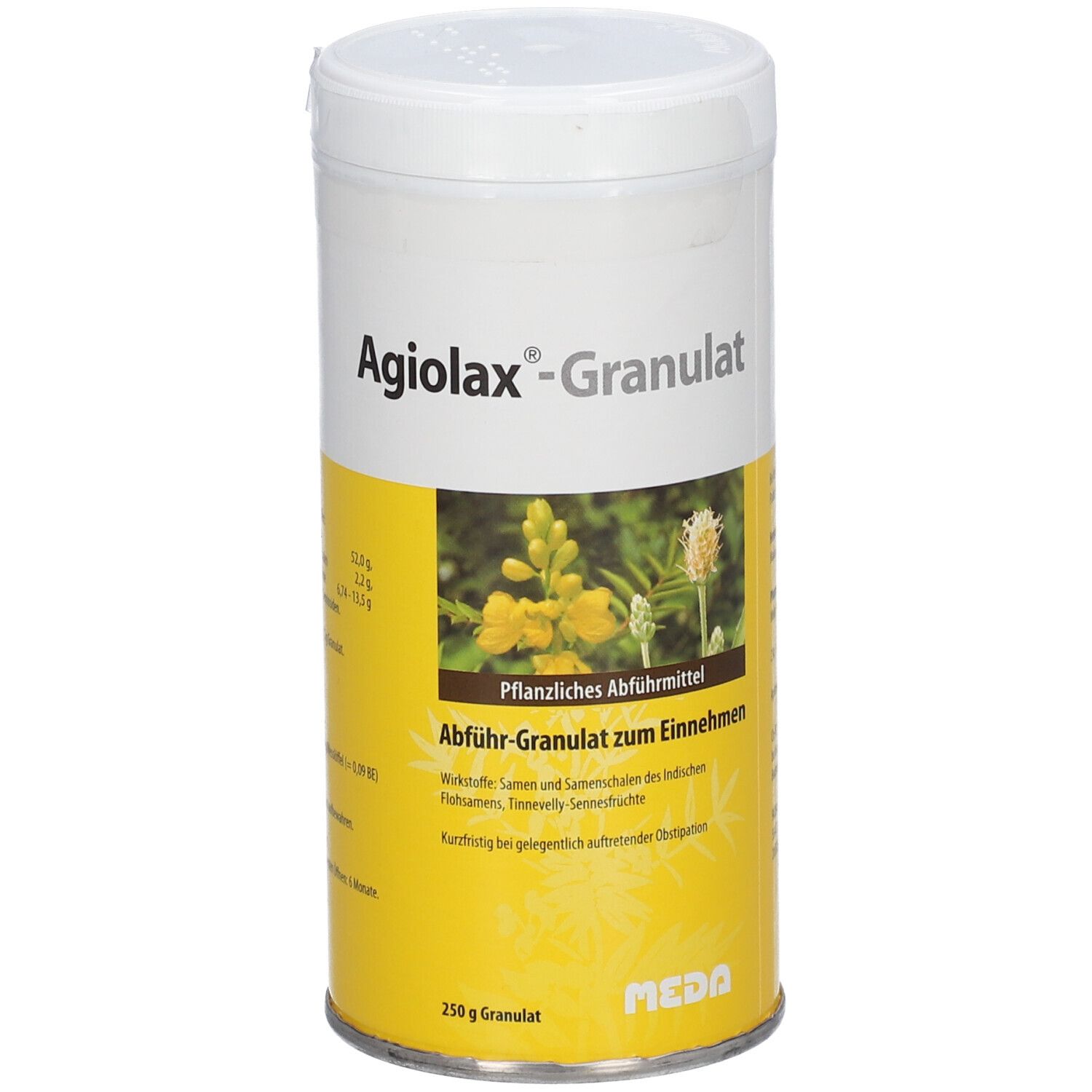 Zylindrische Dose Agiolax-Granulat. Weißer Deckel, gelbes Etikett mit Produktnamen und floraler Abbildung. 250 g Granulat.