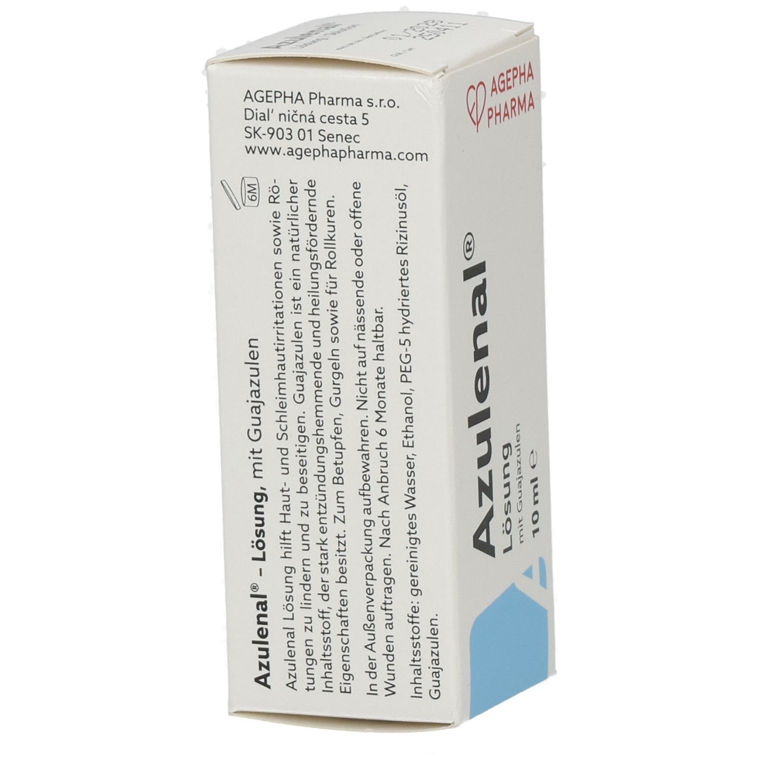 Weiße Faltschachtel mit Produktnamen und Logo. Blaue Fläche unten. Text: Azulenal Lösung, 10 ml.