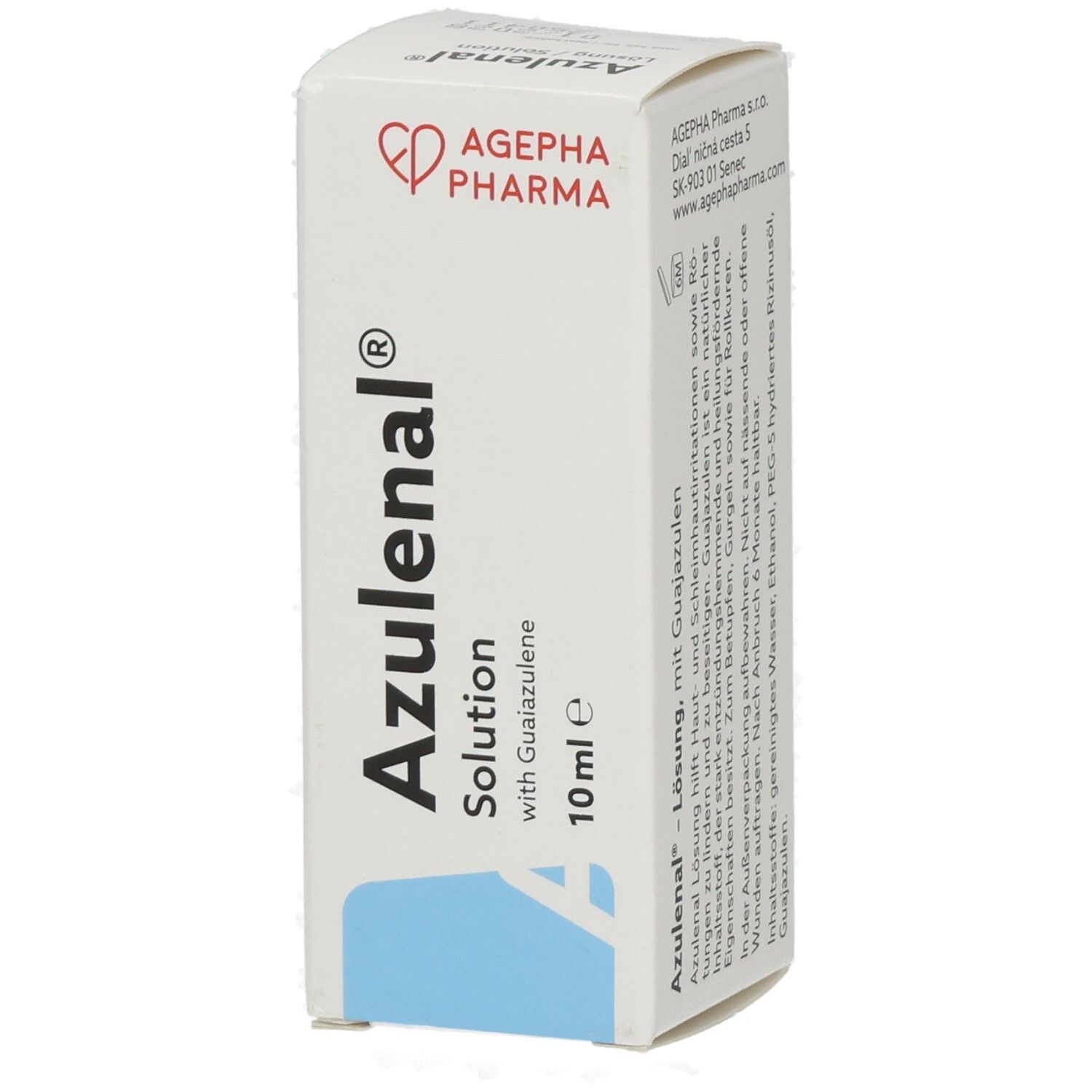 Weiße Faltschachtel mit Produktnamen und Logo. Blaue Fläche unten. Text: Azulenal Solution, 10 ml.