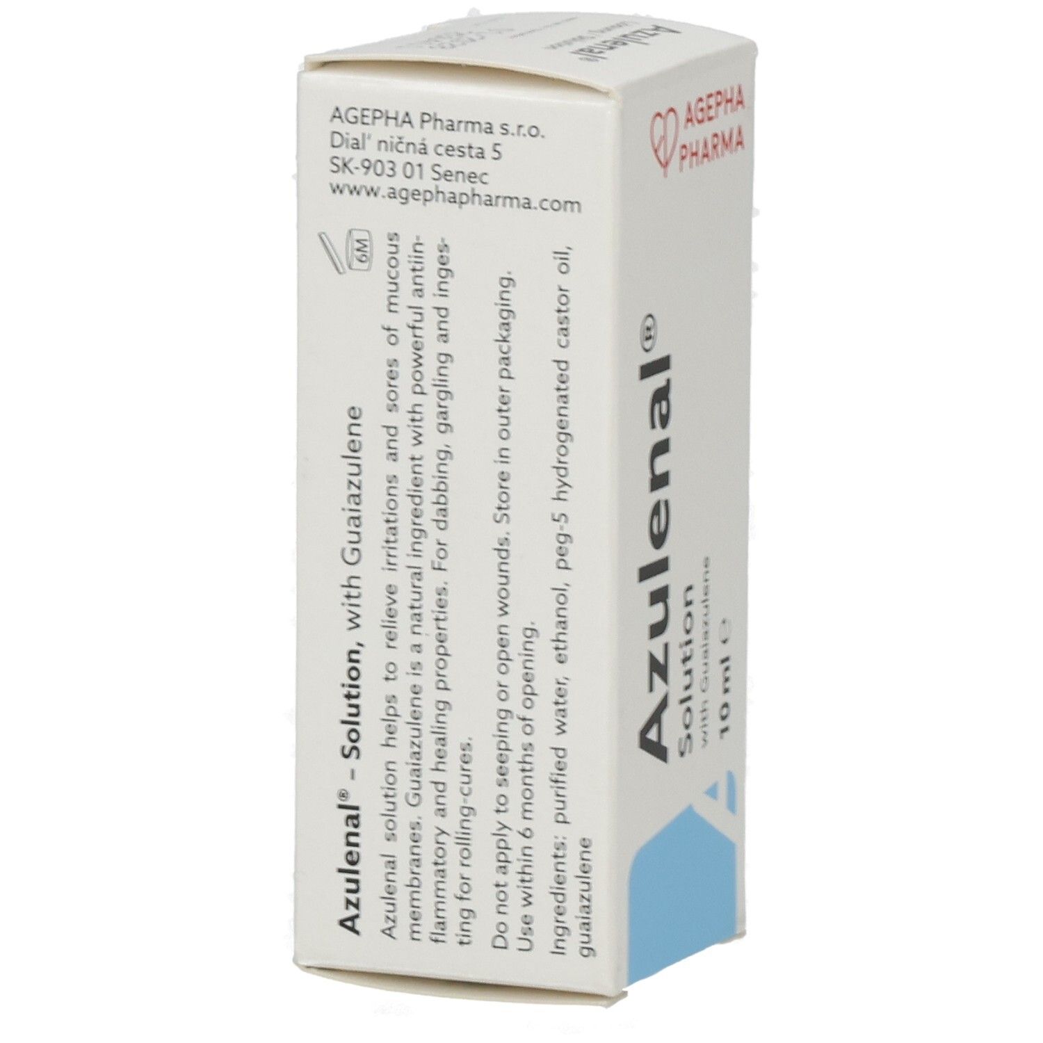 Weiße Faltschachtel mit Produktnamen und Logo. Blaue Fläche unten. Text: Azulenal Solution, 10 ml.