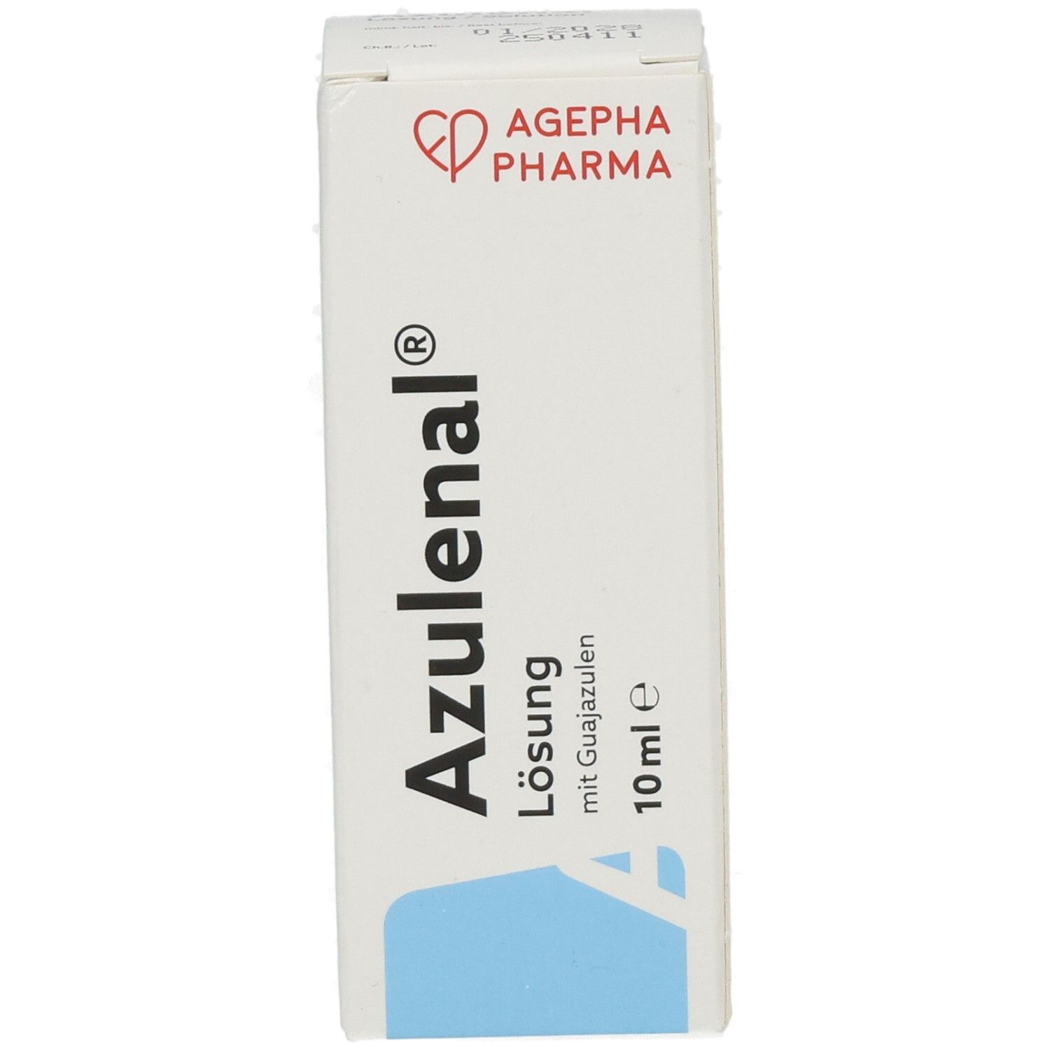 Weiße Faltschachtel mit Produktnamen und Logo. Blaue Fläche unten. Text: Azulenal Lösung, 10 ml.