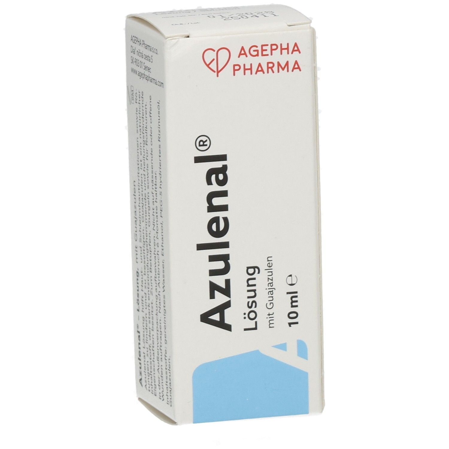 Weiße Faltschachtel mit Produktnamen und Logo. Blaue Fläche unten. Text: Azulenal Lösung, 10 ml.