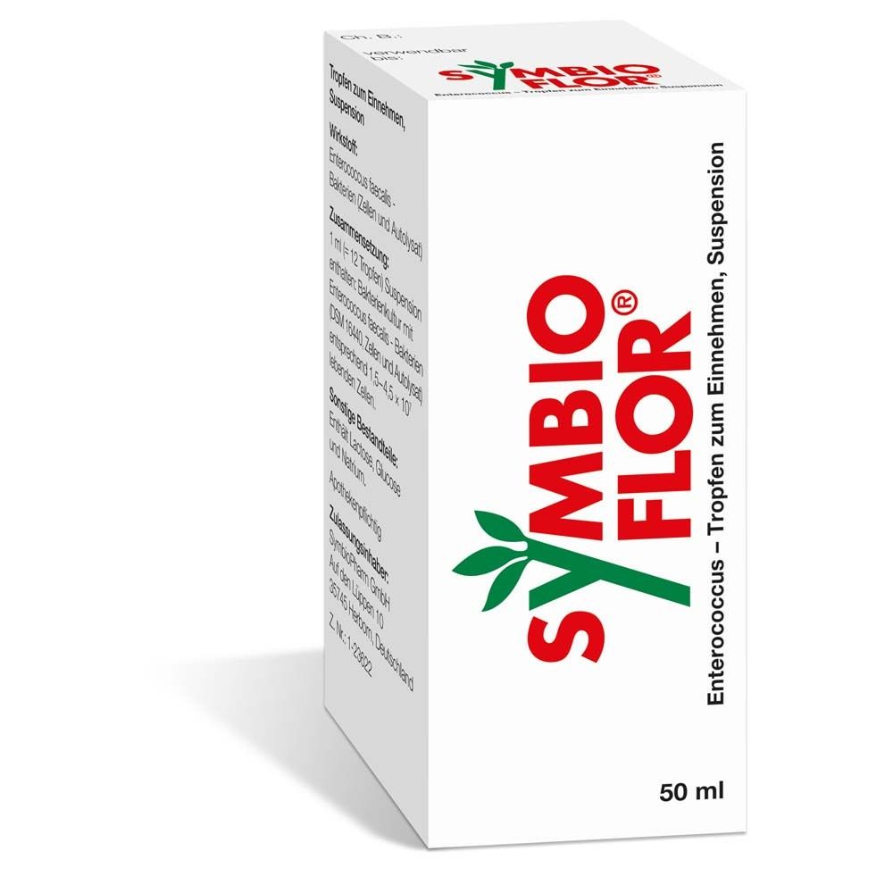 Weiße Schachtel mit SYMBIOFLOR-Logo und Text. Enthält Enterococcus-Tropfen. 50 ml.