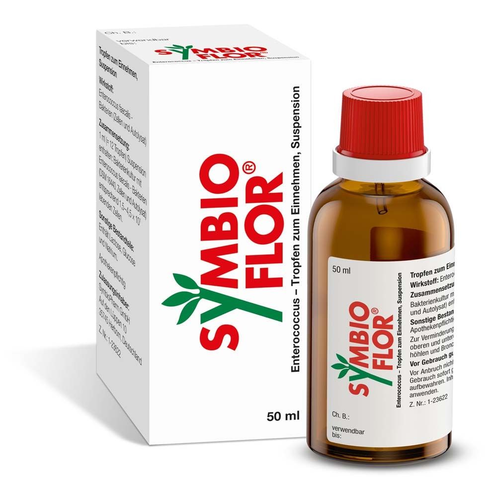 Braune Flasche mit rotem Verschluss und weißer Schachtel. Enthält SYMBIOFLOR-Tropfen. 50 ml.