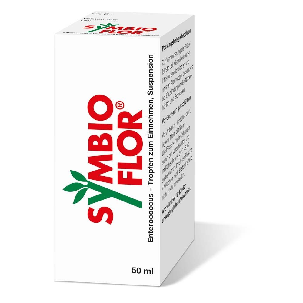 Weiße Schachtel mit SYMBIOFLOR-Logo und Text. Enthält Enterococcus-Tropfen. 50 ml.