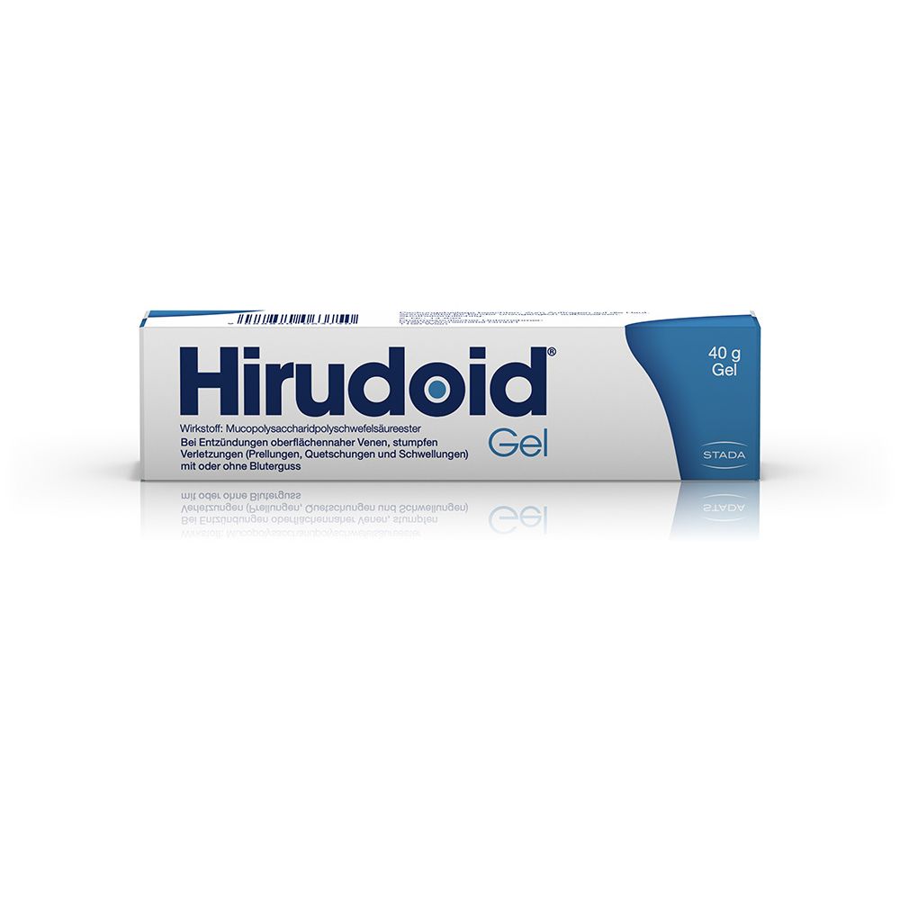Hirudoid Gel-Packung. Blaue und weiße Schachtel mit Produktnamen und Inhaltsangaben. 40g Gel.