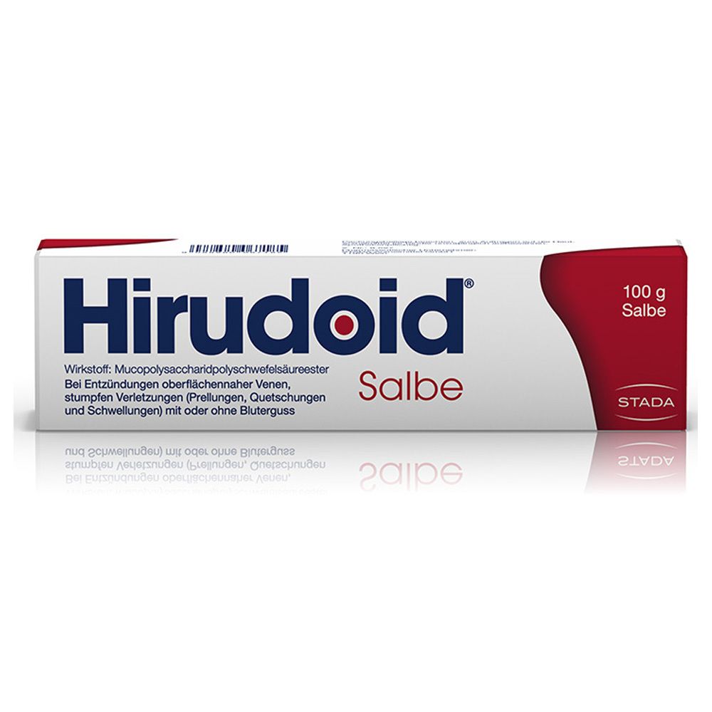 Weiße Tube mit roter Kappe. Aufschrift: Hirudoid Salbe. Text: Bei Venenentzündungen und Blutergüssen. 100 g Salbe.