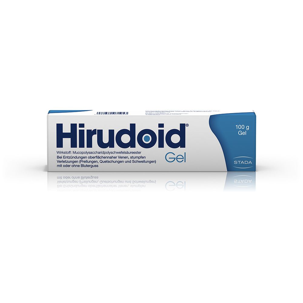 Tube Hirudoid Gel. Blaue und weiße Verpackung. Text: Hirudoid Gel, 100 g, bei Venenentzündungen und Blutergüssen.