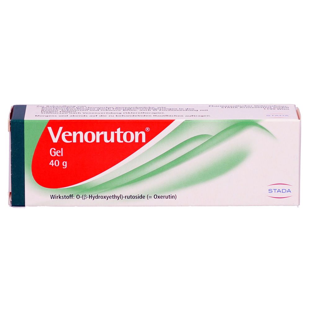 Schachtel mit Venoruton® Gel. Rote Schrift, grüne Wellen. 40 g. STADA-Logo.