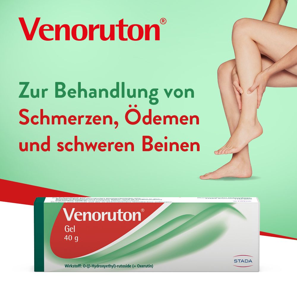 Werbung mit Venoruton® Gel und Beinen. Text: Zur Behandlung von Schmerzen, Ödemen und schweren Beinen.