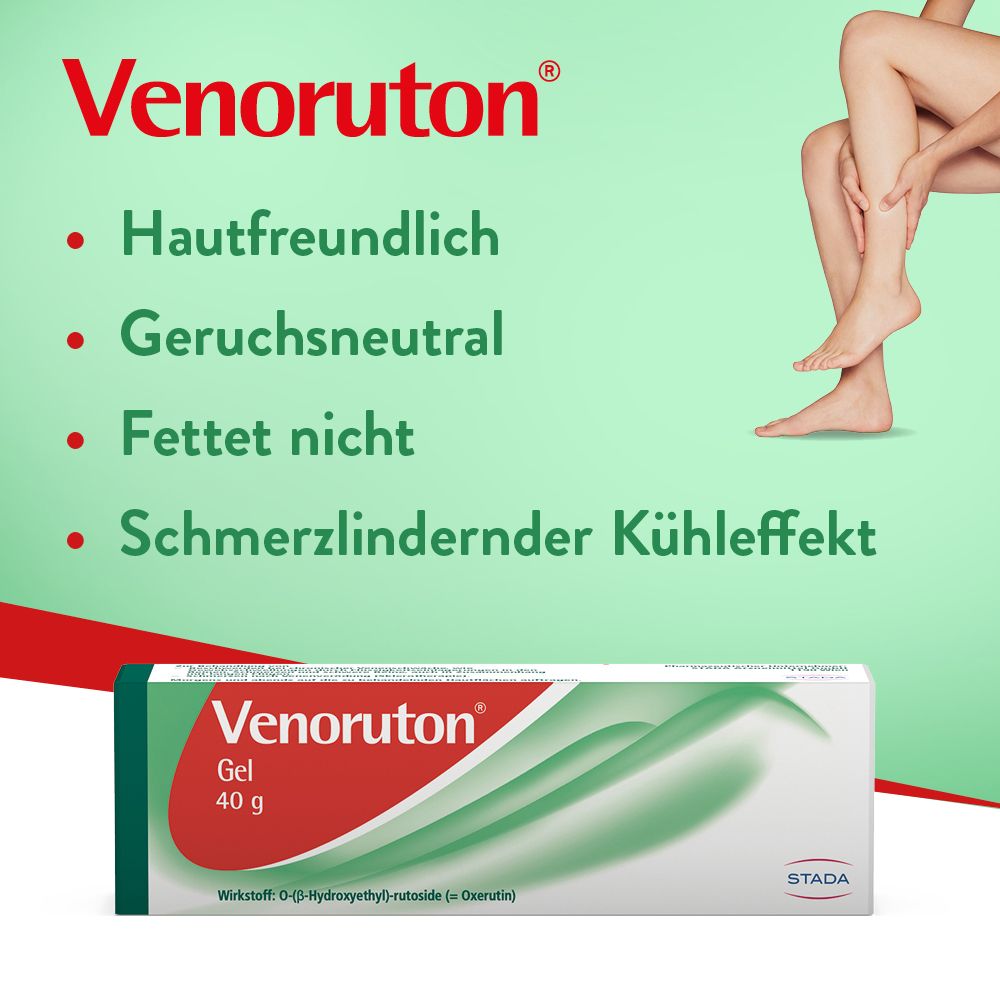 Werbung mit Venoruton® Gel und Beinen. Text: Hautfreundlich, geruchsneutral, fettet nicht, schmerzlindernder Kühleffekt.
