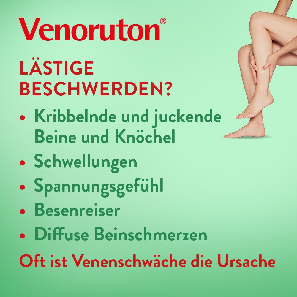 Werbung mit Venoruton® Gel und Beinen. Text: Kribbelnde und juckende Beine und Knöchel, Schwellungen, Spannungsgefühl, Besenreiser.