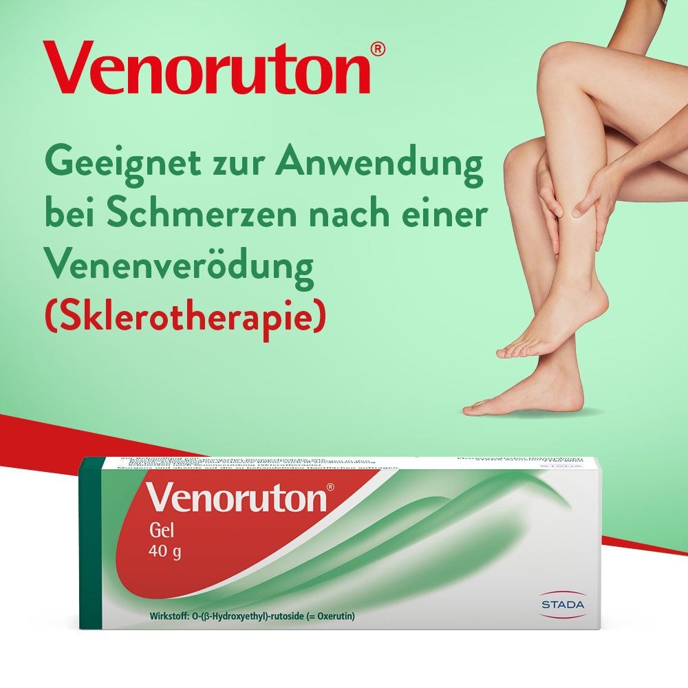 Werbung mit Venoruton® Gel und Beinen. Text: Geeignet zur Anwendung bei Schmerzen nach Venenverödung (Sklerotherapie).