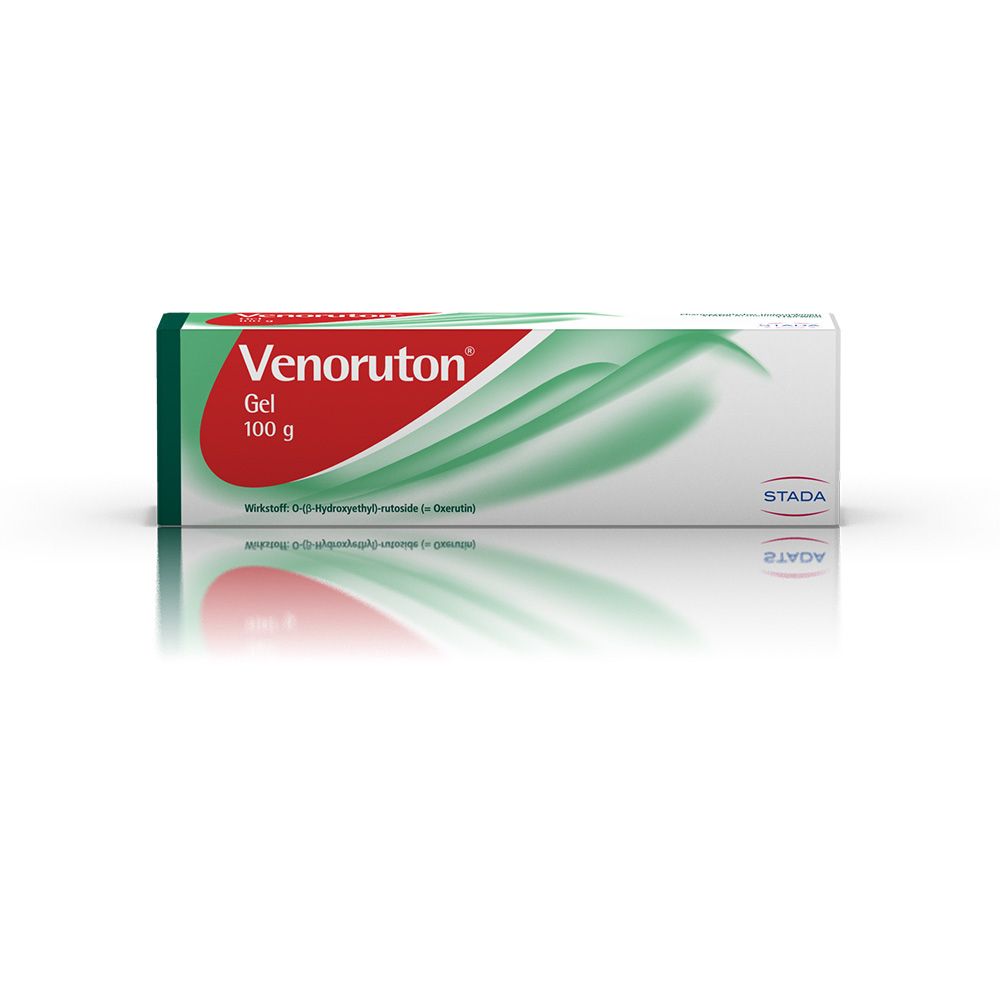 Venoruton® Gel-Packung. Rote und grüne Schrift. STADA-Logo. 100 g Gel.
